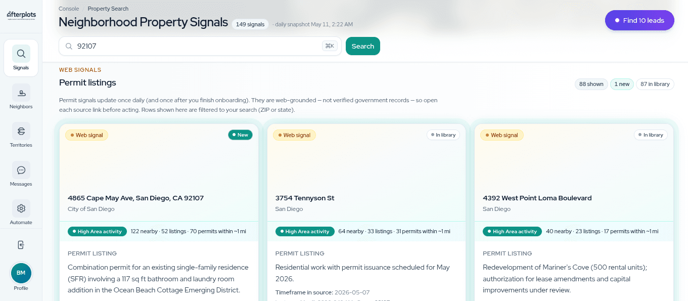 Three permit cards side by side with summaries and neighbor-score actions.