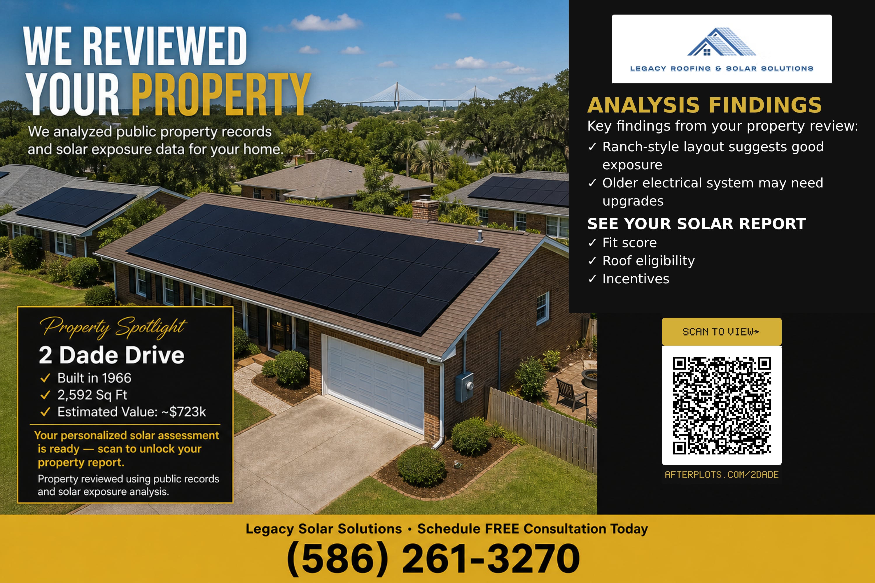 Real Afterplots-generated postcard front for a solar campaign — mailed and scanned by a homeowner.